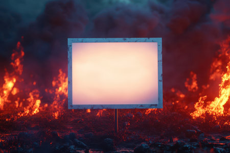 A sign is in the middle of a forest fire. The sign is white and has a black border. The fire is raging and the sky is dark. Scene is one of danger and destructionの素材