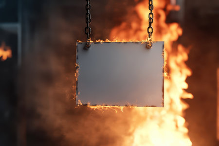 A sign hanging from a fire is lit up in the night sky. The sign is white and has no writing on it. The fire is orange and bright, creating a dramatic and intense atmosphere. The scene is set in a cityの素材