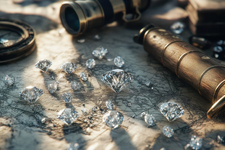 A map is laid out on a table with a large number of diamonds scattered around it. The diamonds are of various sizes and are spread out across the map. The scene gives off a sense of luxury and wealthの素材