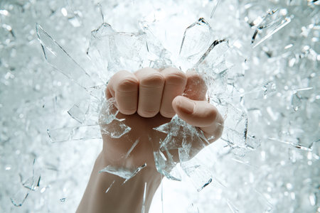 A fist is shown in a shattered window, with the shards of glass reflecting the light. Concept of power and strength, as well as the fragility of the situationの素材