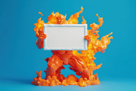 A man holding a white sign in front of a fire. The sign is empty and the man is holding it up. The fire is orange and it is surrounded by smoke. The scene is dramatic and intenseの素材