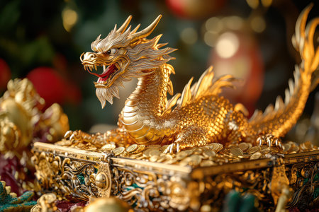 A gold dragon is laying on top of a gold chest full of gold coins. The dragon is surrounded by a pile of rocks, and the chest is also filled with gold coins. The scene gives off a sense of wealthの素材