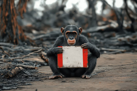 A baby monkey is sitting on the ground and holding a piece of paper. The scene is set in a barren, desolate landscape with a lot of dead trees and rocksの素材