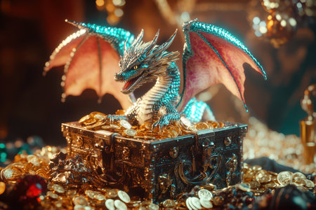 A gold dragon is laying on top of a gold chest full of gold coins. The dragon is surrounded by a pile of rocks, and the chest is also filled with gold coins. The scene gives off a sense of wealthの素材