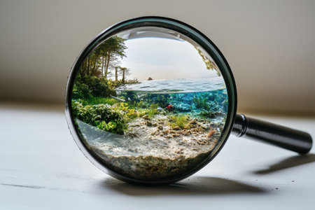 A magnifying glass is placed on a rock, looking through a blue sky. The sky is filled with stars and clouds, creating a sense of wonder and curiosity. The image evokes a feeling of explorationの素材