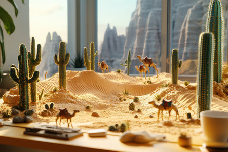 A desert scene with a group of camels and cacti. The scene is set in a desert with a mountain range in the backgroundの素材
