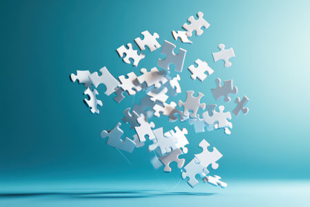 A pile of white jigsaw puzzle pieces scattered on a blue background. Concept of chaos and disarray, as the pieces are not neatly arrangedの素材