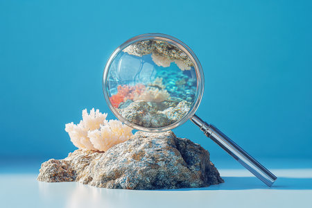 A magnifying glass is placed on a rock, looking through a blue sky. The sky is filled with stars and clouds, creating a sense of wonder and curiosity. The image evokes a feeling of explorationの素材