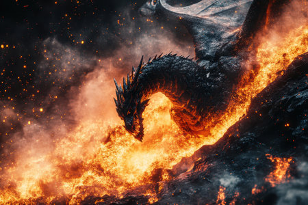 A dragon is in the middle of a fiery explosion. The dragon is surrounded by a cloud of smoke and ash, and its wings are spread wide open. The scene is intense and dramaticの素材