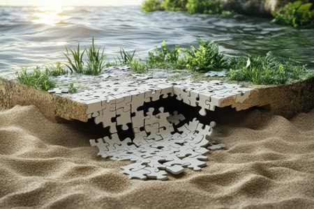 A jigsaw puzzle is scattered on the sand, with pieces of it falling into the water. Concept of loss and disarray, as the puzzle pieces are no longer wholeの素材