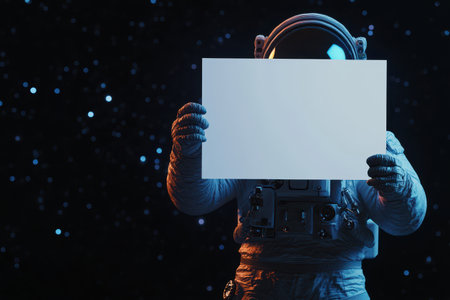 A man in a space suit holding a blank sign. The image is a representation of the idea of exploration and discoveryの素材