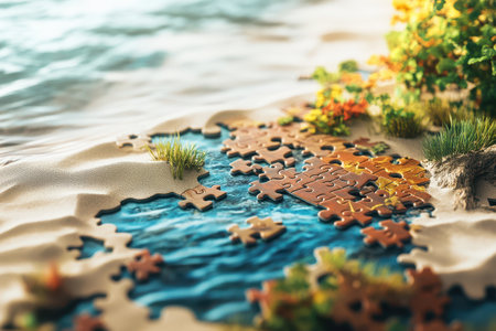A puzzle is scattered on the sand next to a body of water. The puzzle pieces are of different shapes and sizes, and they are scattered all over the beach. The scene has a calming and peaceful moodの素材