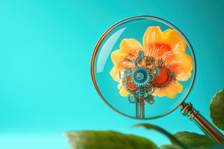 A flower is magnified through a lens, revealing its intricate details. Concept of wonder and appreciation for the beauty of natureの素材