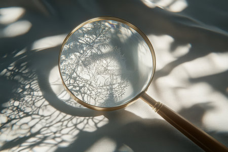 A magnifying glass is used to look at a leaf. The leaf is partially covered by the shadow of the magnifying glassの素材