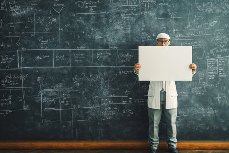 A man is holding a white sign in front of a black chalkboard. The chalkboard is filled with equations and formulas, and the man is standing in front of it. Concept of curiosity and learningの素材