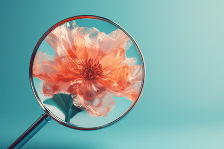 A close up of a flower with a magnifying glass. The flower is orange and the background is blue. Concept of curiosity and wonder as the viewer looks closely at the flowerの素材