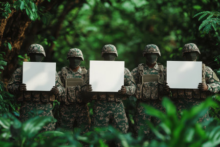 A group of soldiers holding white signs in a forest. The soldiers are wearing camouflage uniforms and the signs are blankの素材