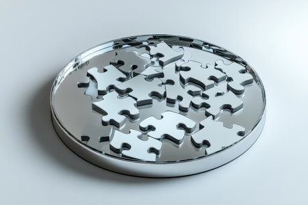 A pile of colorful jigsaw puzzle pieces on a table. Concept of creativity and challenge, as the pieces are scattered and waiting to be put together to form a complete pictureの素材