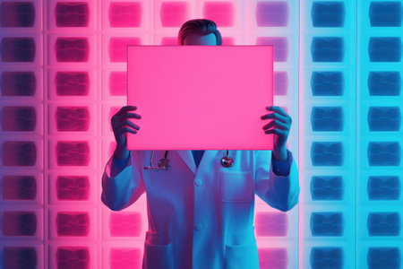 A man in a white lab coat is holding a pink sign that says "blank". The image has a futuristic and neon feel to it, with the pink sign contrasting against the blue and purple backgroundの素材