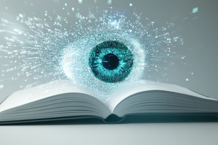 A eye is on top of an open book. The eye is surrounded by paper, which is scattered around the book. Concept of curiosity and wonder, as if the eye is peering into the pages of the bookの素材