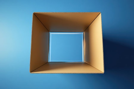 A cardboard box with a clear window in the middle. The box is empty and the window is reflecting the blue skyの素材