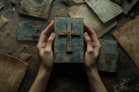 A person is holding a cross in their hands. The cross is surrounded by books and papers, giving the impression of a cluttered and chaotic environmentの素材