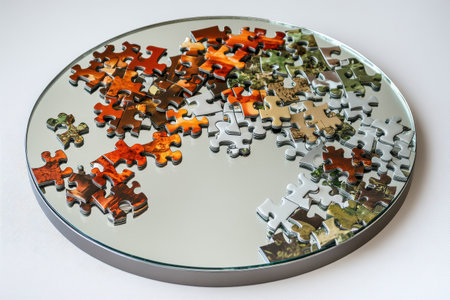 A jigsaw puzzle is on a round mirror. The puzzle pieces are scattered all over the mirror, creating a disorganized and chaotic appearance. Concept of frustration and confusionの素材