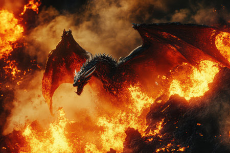 A dragon is in the middle of a fiery explosion. The dragon is surrounded by a cloud of smoke and ash, and its wings are spread wide open. The scene is intense and dramaticの素材
