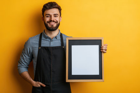 A man is holding a blank frame and smiling. The frame is black and wooden. The man is wearing an apronの素材