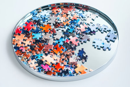A pile of colorful jigsaw puzzle pieces on a table. Concept of creativity and challenge, as the pieces are scattered and waiting to be put together to form a complete pictureの素材