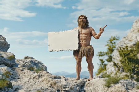 A man stands on a rock with a sign in his hand, pointing to the sky. The man is dressed in a costume and he is a warrior. The sky is blue with some cloudsの素材