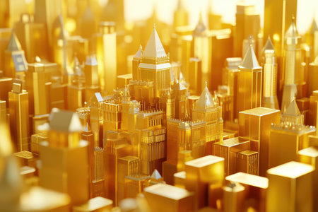 A golden city with a castle in the middle. The city is made of gold and has a castle on topの素材