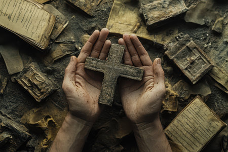 A person is holding a cross in their hands. The cross is surrounded by books and papers, giving the impression of a cluttered and chaotic environmentの素材