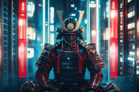 A man in a samurai costume stands in front of a cityscape with neon lights. The image has a futuristic and colorful vibe, with the city lights creating a vibrant atmosphereの素材