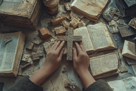 A person is holding a cross in their hands. The cross is surrounded by books and papers, giving the impression of a cluttered and chaotic environmentの素材