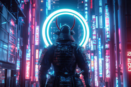 A man in a samurai costume stands in front of a cityscape with neon lights. The image has a futuristic and colorful vibe, with the city lights creating a vibrant atmosphereの素材