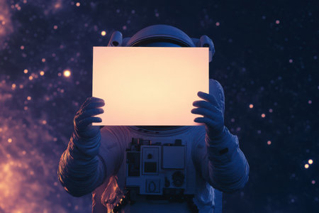 A man in a space suit holding a blank sign. The image is a representation of the idea of exploration and discoveryの素材
