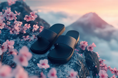 A pair of red flip flops are on a rock next to a field of pink flowers. Concept of relaxation and leisure, as the flip flops suggest a casual and comfortable outfit for a day spent outdoorsの素材