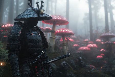 A man in a black samurai costume stands in front of a forest of red mushrooms. The scene is surreal and mysterious, with the man appearing to be a warrior in a strange and otherworldly environmentの素材