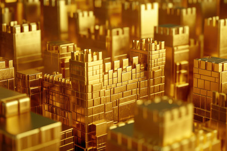 A city made of gold blocks with a castle in the middle. The city is full of gold and has a very luxurious and extravagant feel to itの素材