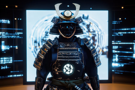 A samurai warrior stands in front of a computer monitor with a black and gold helmet on. The warrior is wearing a black and gold armor and has a sword in his handの素材