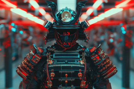 A man in a samurai costume stands in front of a red wall. The image has a futuristic and sci-fi vibe to itの素材