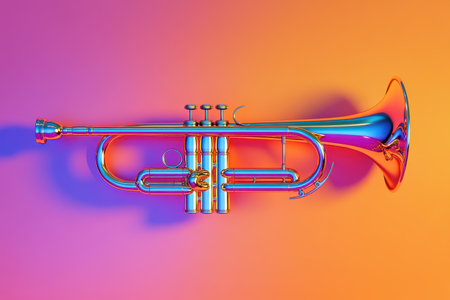 A shiny trumpet is shown in a background. The trumpet is the main focus of the image, and it is a beautiful and elegant instrument. The blue background adds a sense of depthの素材