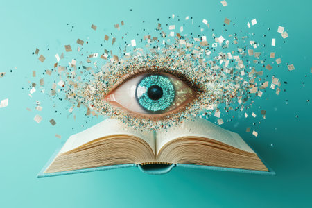 A eye is on top of an open book. The eye is surrounded by paper, which is scattered around the book. Concept of curiosity and wonder, as if the eye is peering into the pages of the bookの素材