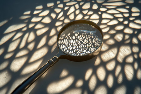 A magnifying glass is used to look at a leaf. The leaf is partially covered by the shadow of the magnifying glassの素材