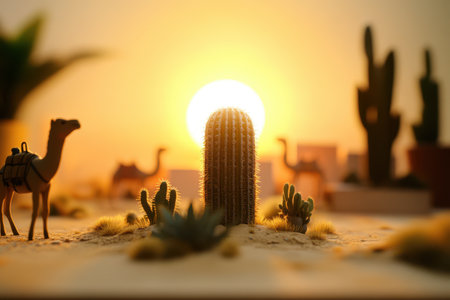 A desert scene with a cactus and a camel. The sun is setting in the backgroundの素材