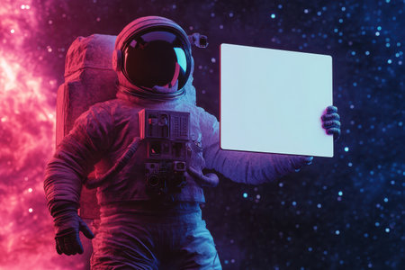 A man in a space suit holding a blank sign. The image is a representation of the idea of exploration and discoveryの素材