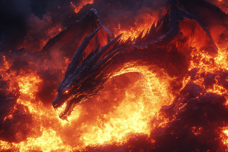 A dragon is in the middle of a fiery explosion. The dragon is surrounded by a cloud of smoke and ash, and its wings are spread wide open. The scene is intense and dramaticの素材