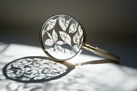 A magnifying glass is used to look at a leaf. The leaf is partially covered by the shadow of the magnifying glassの素材