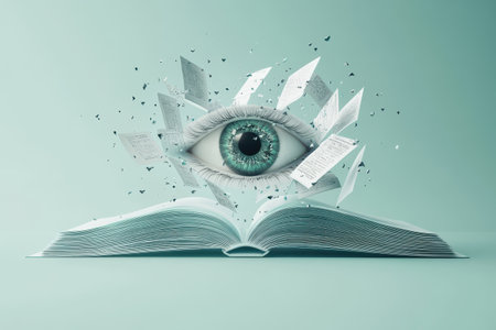 A eye is on top of an open book. The eye is surrounded by paper, which is scattered around the book. Concept of curiosity and wonder, as if the eye is peering into the pages of the bookの素材